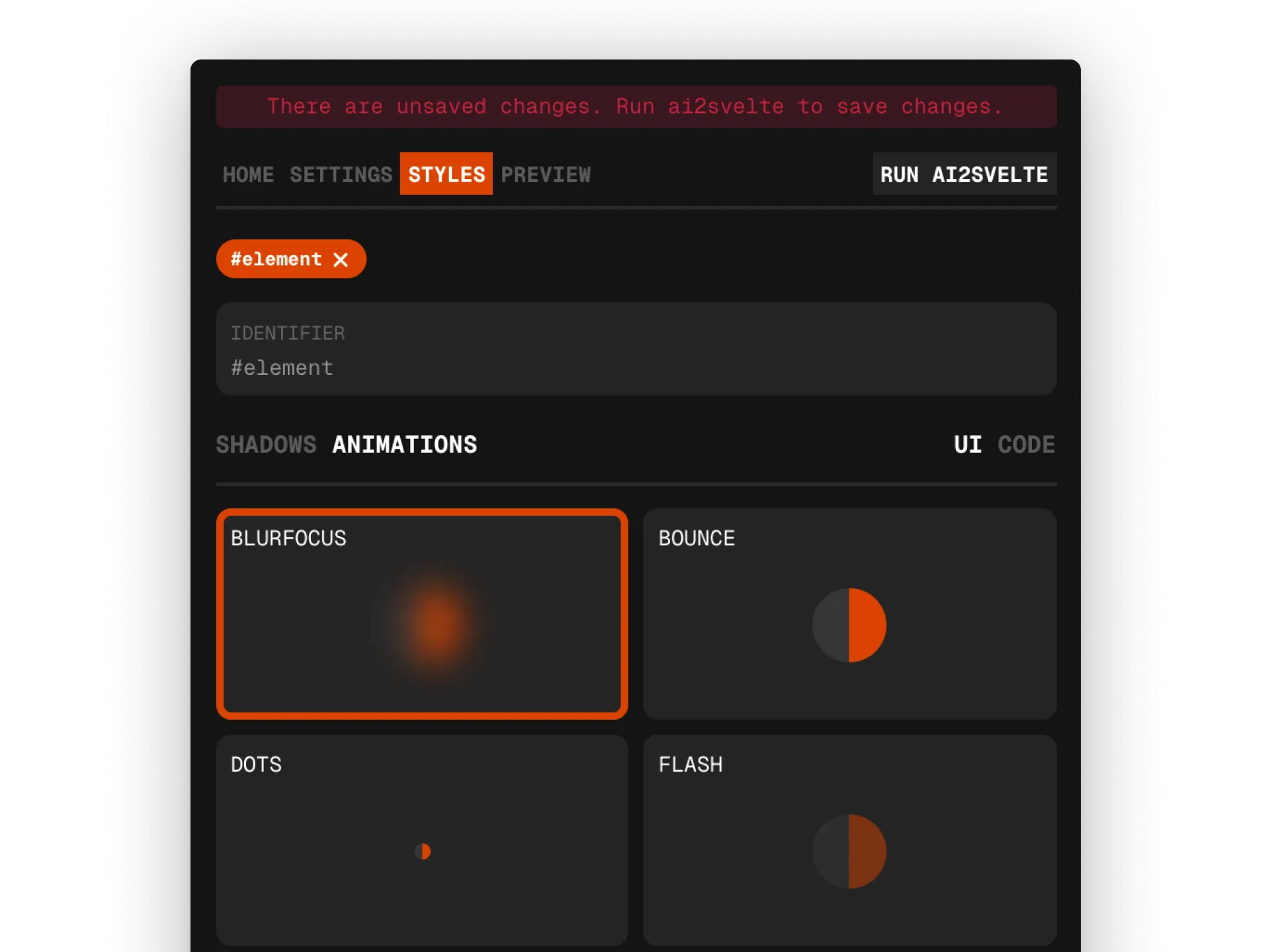 Screenshot showing UI for animation selection