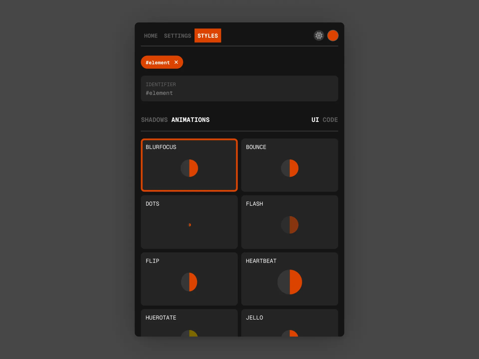 Screenshot showing UI for animation selection