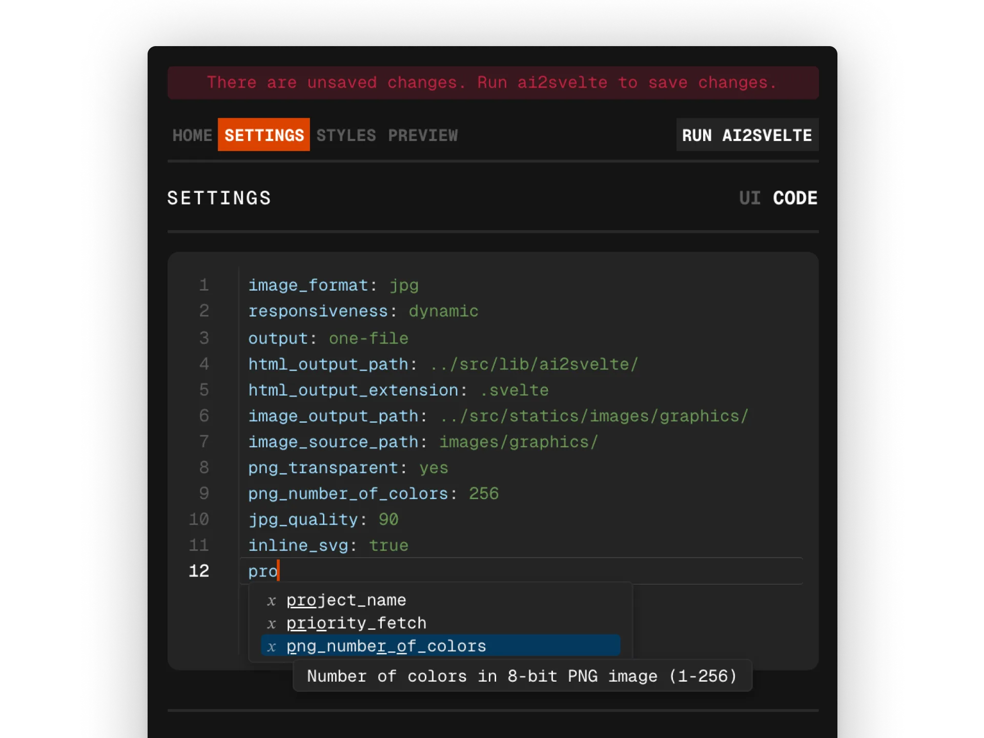 Screenshot showing auto-complete suggestions for ai2svelte settings