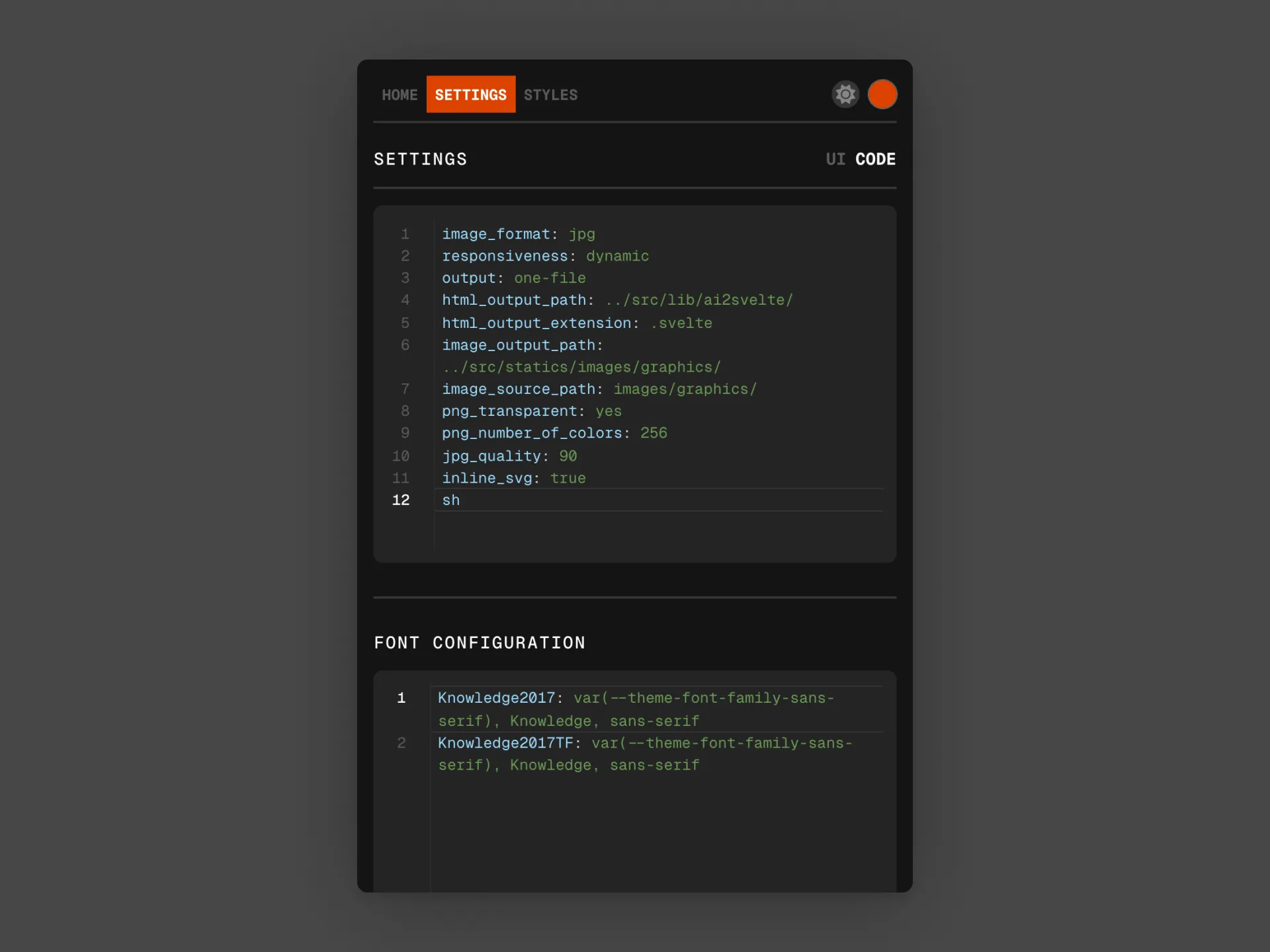 Screenshot showing auto-complete suggestions for ai2svelte settings