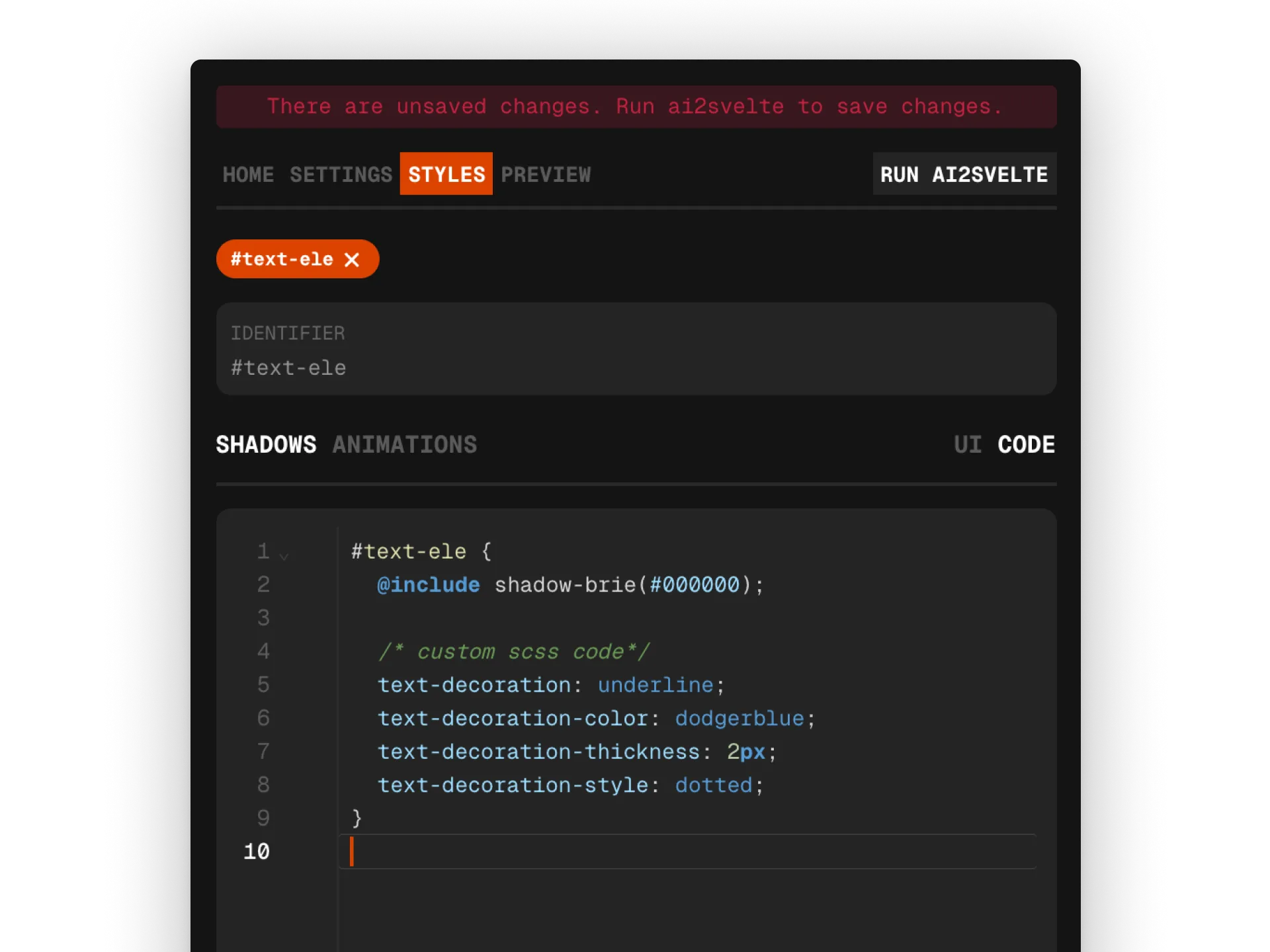 Screenshot showing code editor for advanced styling