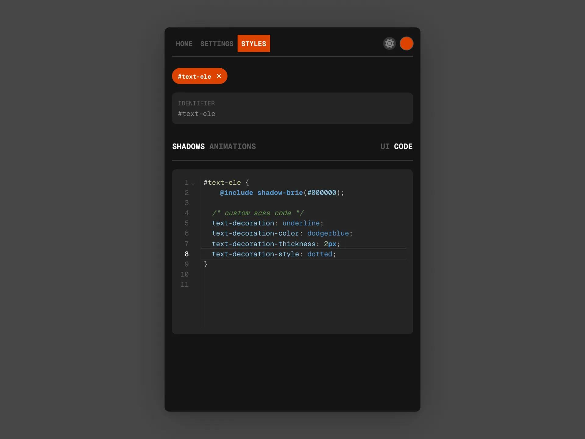 Screenshot showing code editor for advanced styling